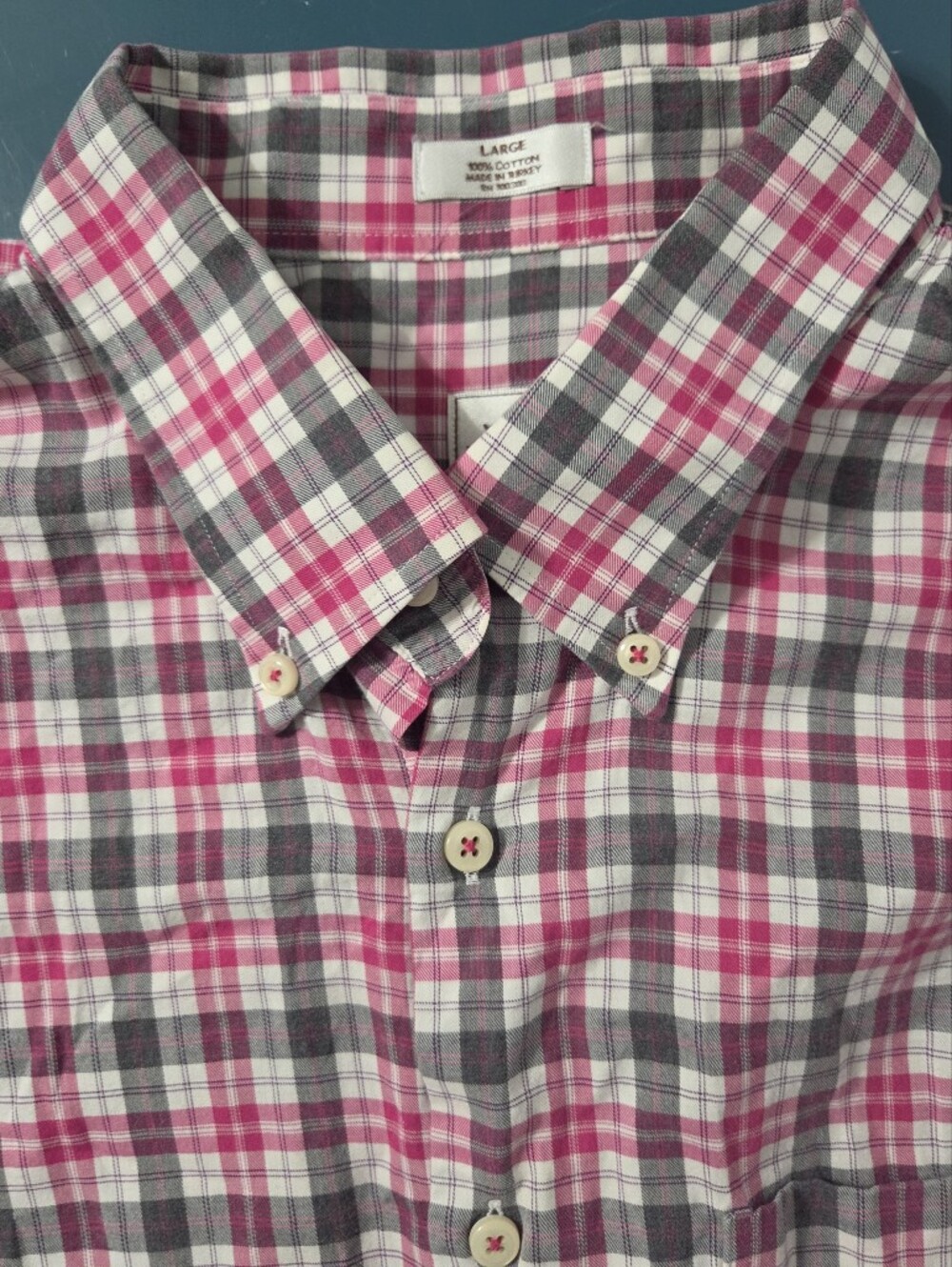 Peter Millar Men's Pink, White, and Gray Plaid Button-Up Shirt Long Sleeve Large
